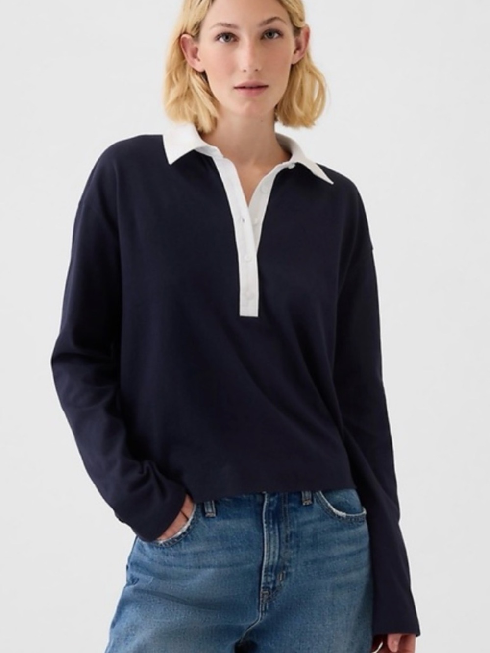 GAP cropped rugby polo top long sleeve navy blue Size Large Tall